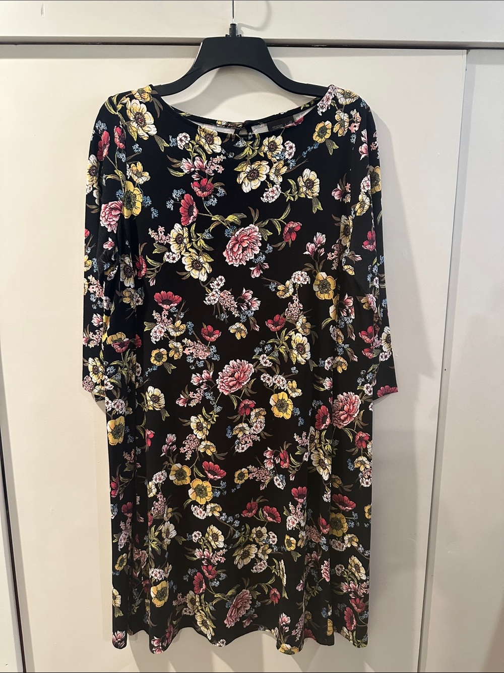 Black Floral Shift Dress with Pink & Yellow Blooms